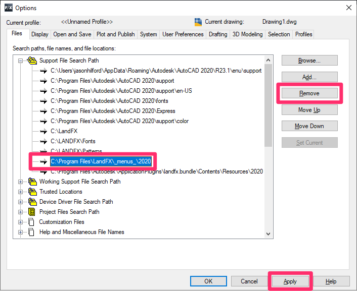 Removing C:/LandFX/Menus from the Support File Search Path