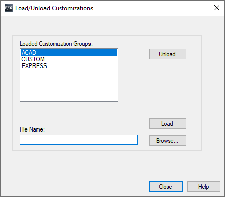 Load/Unload Customizatin Groups dialog box, LANDFX not included in Loaded Customization Groups