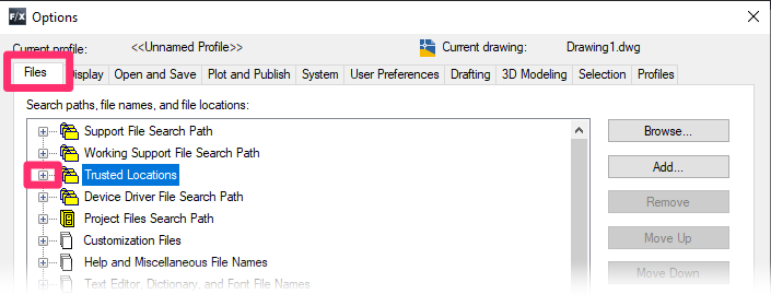 Options dialog box, Files tab, expanding the Trusted Locations entry