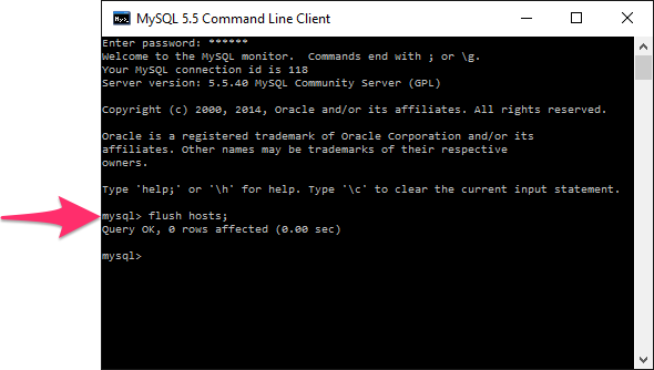 Typing FLUSH HOSTS; at the MySQL Command line