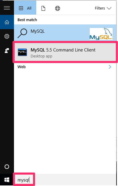 Windows Start menu, MySQL 5.5 Command Line Client option