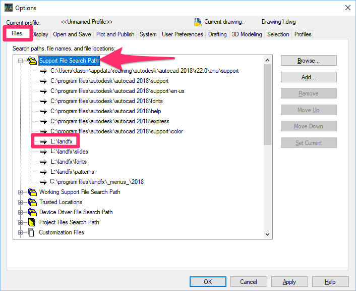 Options dialog box, Files tab, expanding the Support File Search Path and checking for a LandFX folder on a mapped letter drive