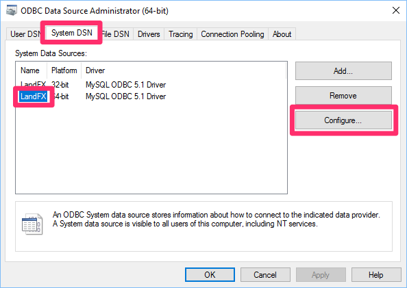 Configuring the LandFX folder from the ODBC Data Source Administrator dialog box