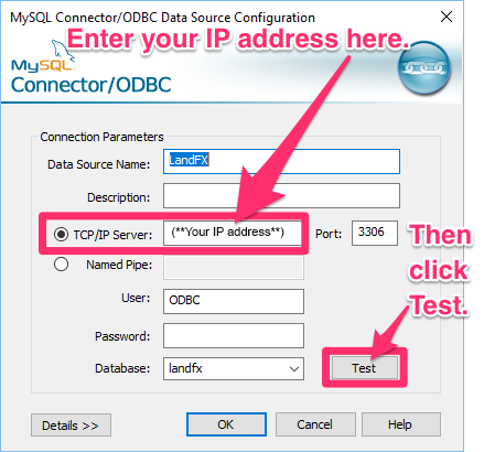 Entering IP address in the MySQL Connector / ODBC Sata Source Configuration dialog box and clicking Test