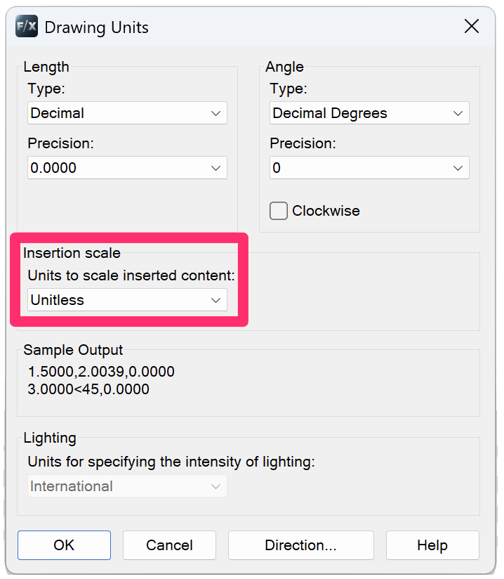 Drawing Units dialog box with Units to scale inserted content listed as Unitless