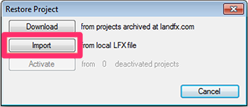 Restore Project dialog box, Import button