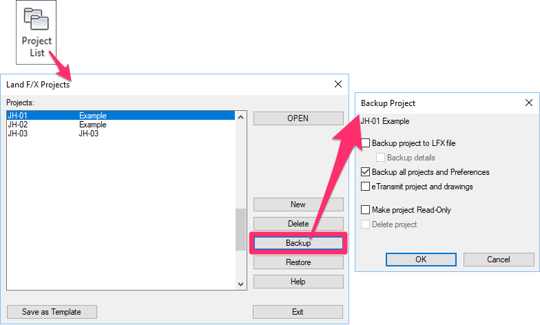 Land F/X Projects dialog box, Backup button, Backup Land F/X Projects dialog box