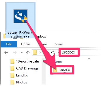 Dragging the F/X Workstation installer file into the LandFX folder in shared online location