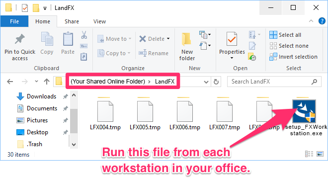 Running the F/X Workstation installer from the LandFX folder in the shared location