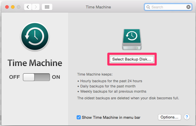 Time Machine window, Select Backup Disk button