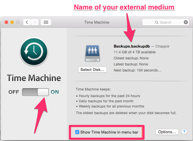 Time Machine window, external medium listed, Time Machine toggle enabled, and Show Time Machine in menu bar selected