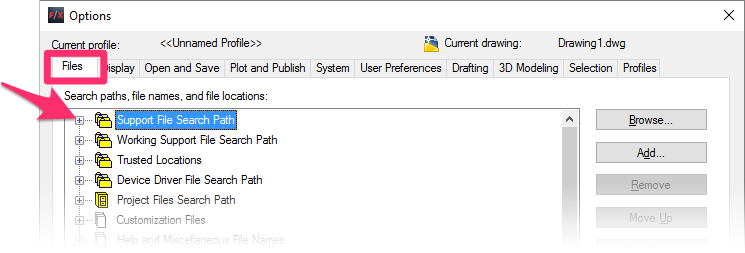Options dialog box, Files tab, expanding the Support File Search Path