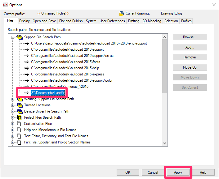 Support File Search Path containing a LandFX folder entry