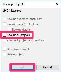 Backup Project dialog box, Backup all projects option