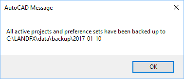 Message that all projects and Preference Sets have been backed up