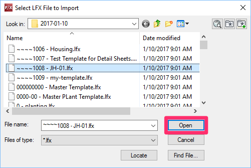 Select LFX File to Import dialog box, browsing to folder containing backed-up projects and Preference Sets on external medium