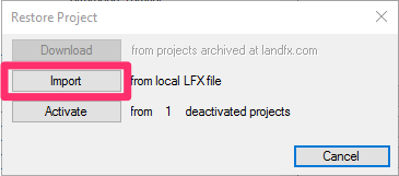 Restore Project dialog box, Import button