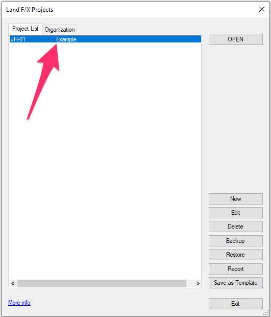 Imported project included in list of projects in Land F/X Projects dialog box