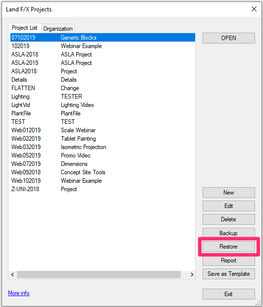 Land F/X Projects dialog box, project list blank