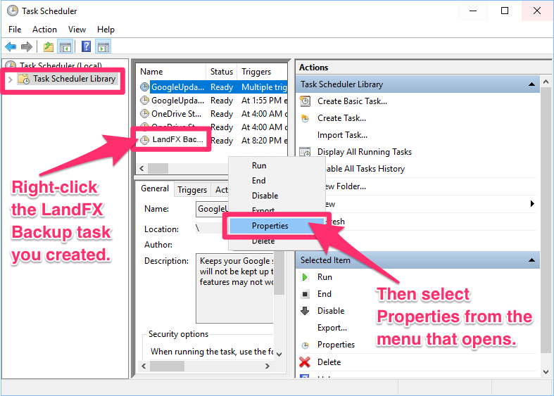 Tadk Scheduler dialog box, Task Scheduler Library option, selecting the properties of the Land F/X Backup task