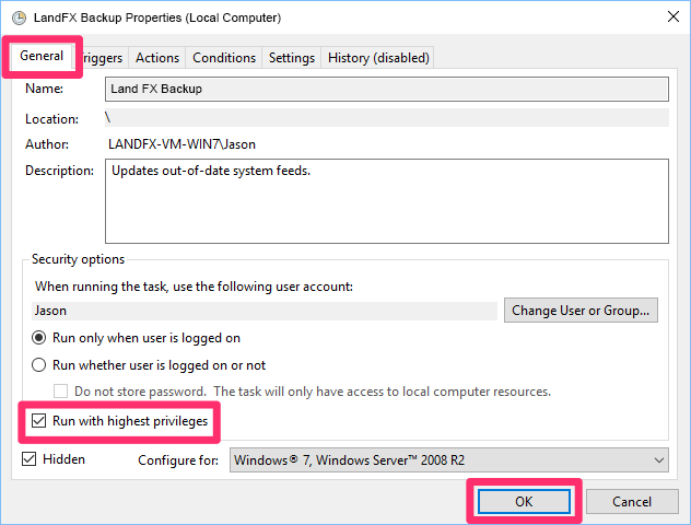 Task Scheduler dialog box, General tab, Run with highest privileges option
