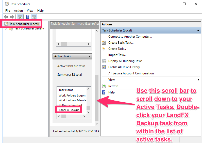 Task Scheduler dialog box, selecting the backup task