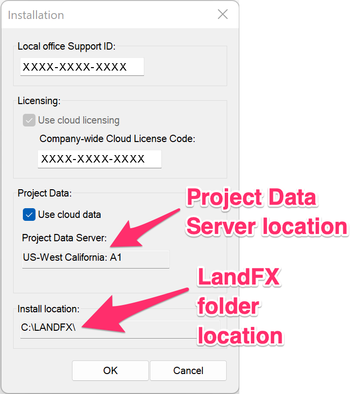 Install and Server Info dialog box showing LandFX folder location and Project Data Server