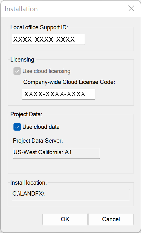 Installation dialog box showing LandFX folder location and physical location for Project Data Server