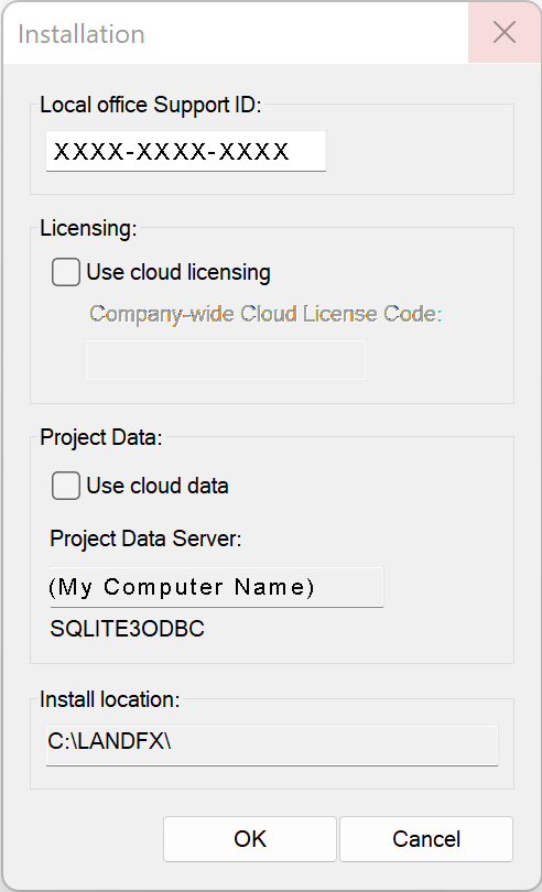 Installation dialog box showing LandFX folder location and name of computer for Project Data Server