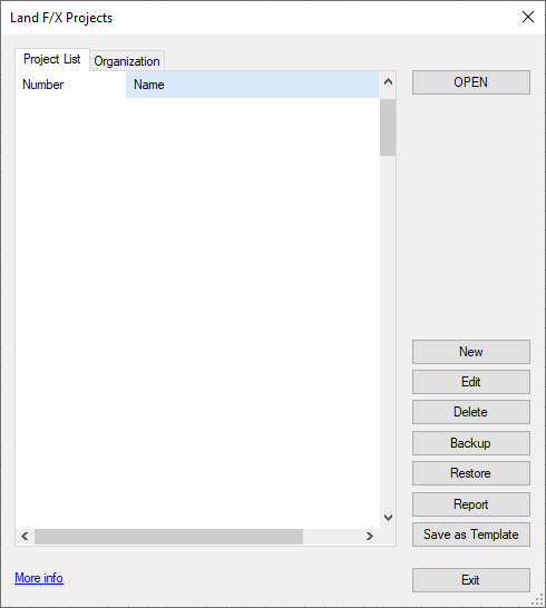 Land F/X Project List is empty