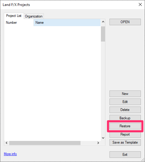 Land F/X Projects dialog box, Restore button