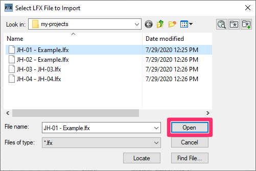 Select LFX File to Import dialog box