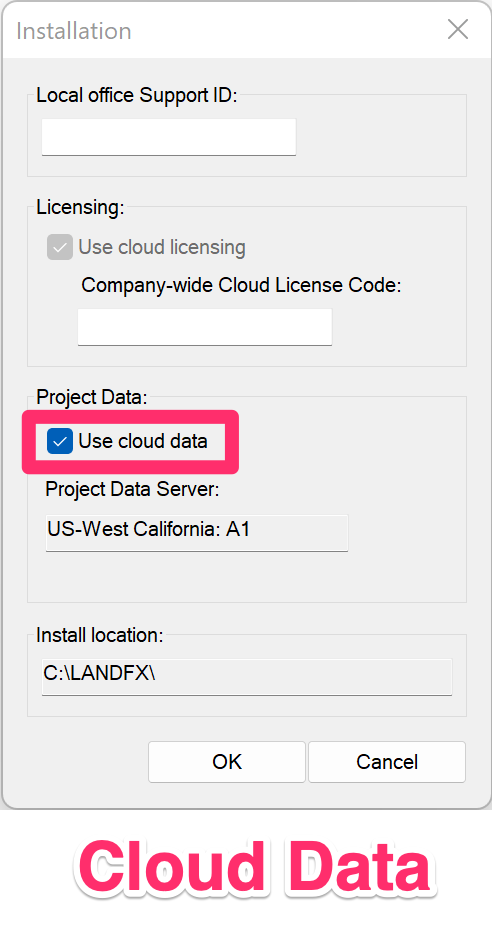Installation dialog box, Use Cloud Data option selected