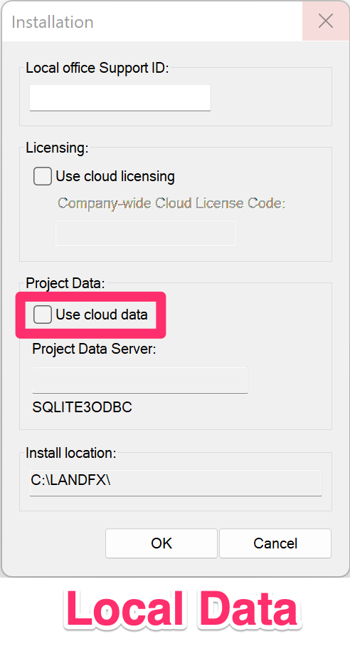 Installation dialog box, Use Cloud Data option not selected