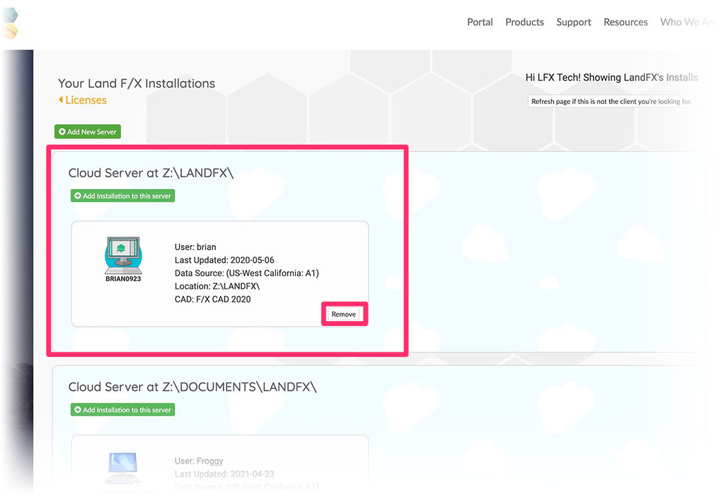 Land F/X Portal, Remove button for removing old LandFX folder location from workstation