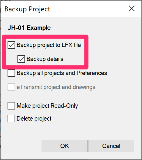 Backing up details when backing up a project