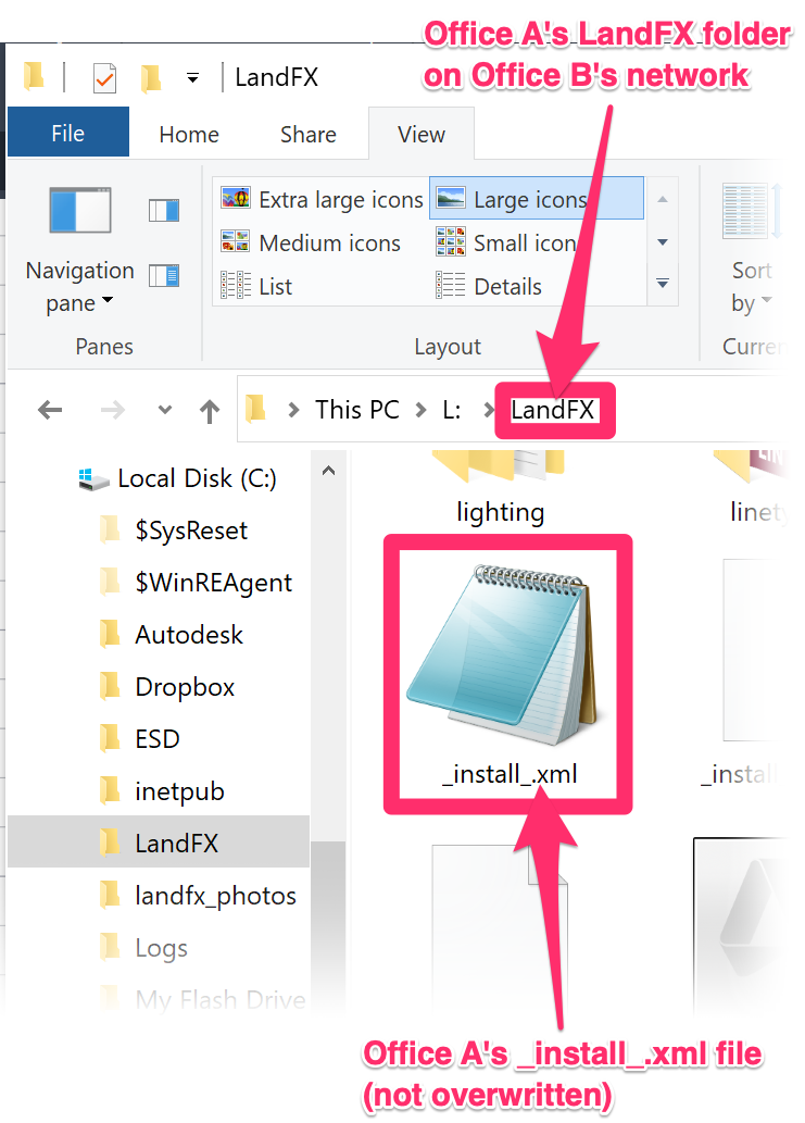 Office A's LandFX folder containing Office A's original _install_.xml file