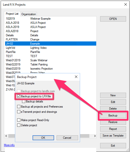Land F/X Projects dialog box, Backup options