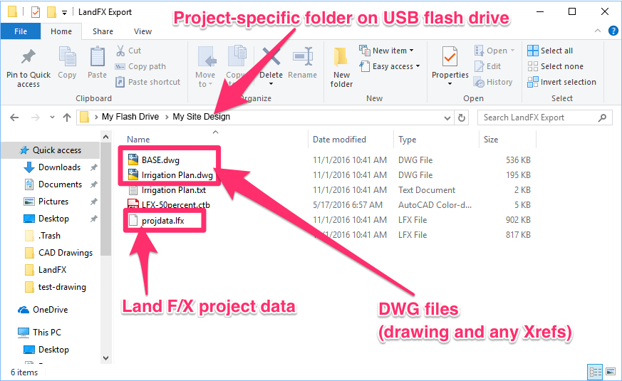 Project-specific folder on USB drive containing DWG files and Land F/X data files