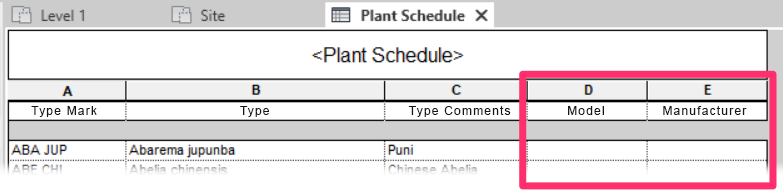 Common customization of the default fields of Model and Manufacturer in the Revit version of a planting schedule