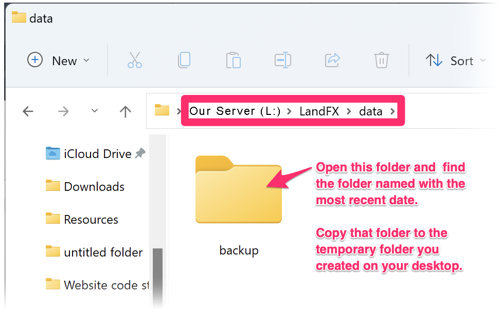 Folder path LandFX\Data\Backup on a letter drive hosting an office server