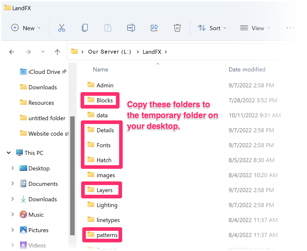 Subfolders within LandFX folder on office server