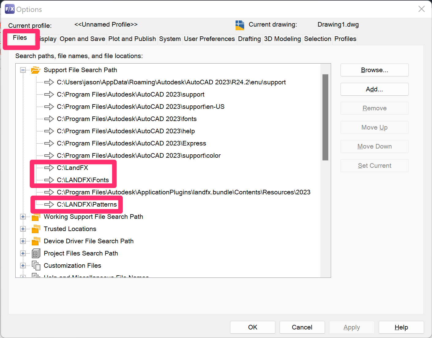 Support File Search Path with LandFX entries correctly pointing to the C: drive