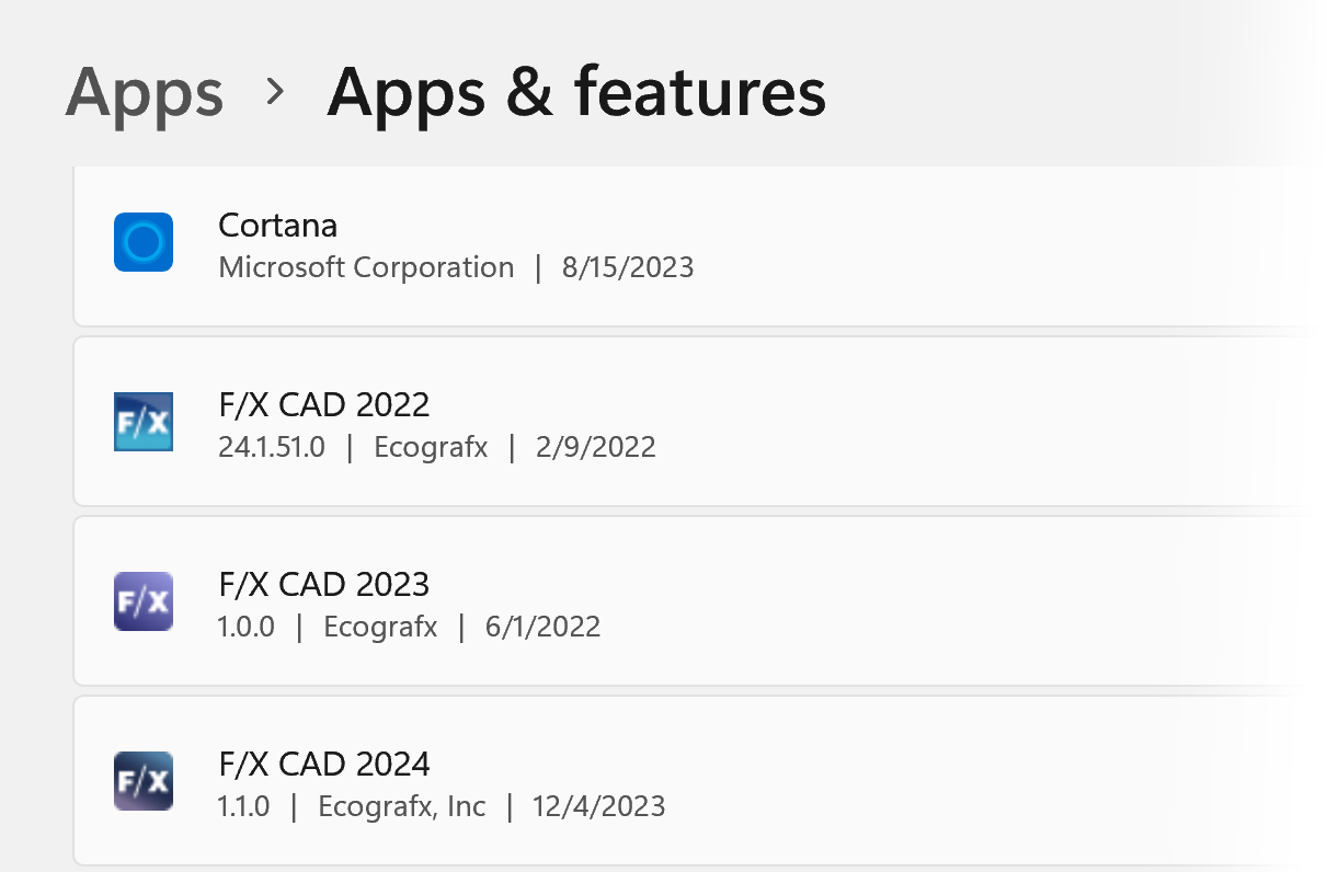 F/X CAD versions in Apps & features screen