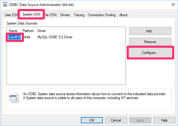 ODBC Data Source Administrator, System DSN tab, selecting LandFX folder and clicking Continue button