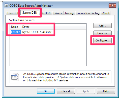 Opening the ODBC control panel from the ODBC Data Source Administrator dialog box, System DSN tab