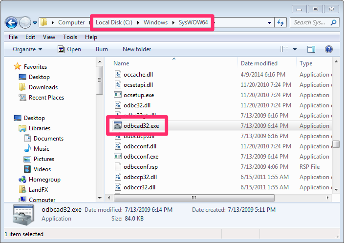 odbcad32.exe file in the folder C:/Windows/SysWOW64