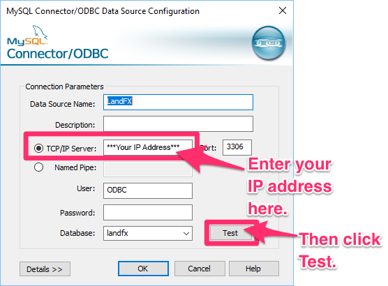 MySQL Connector / ODBC Sata Source Configuration dialog box (ODBC control panel) with example IP address entered in TCP/IP Server field
