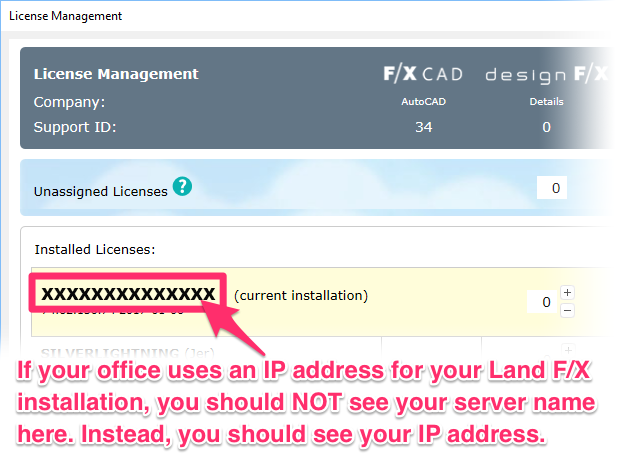 Land F/X License Manager, IP address displayed