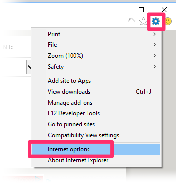 Internet Explorer Internet Options menu item